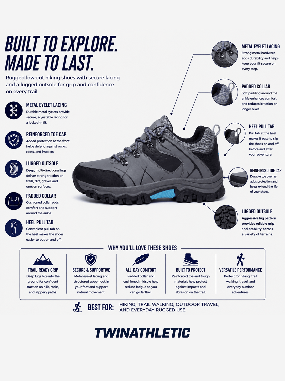 Rugged Low-Cut Hiking Shoes with Metal Eyelet Lacing