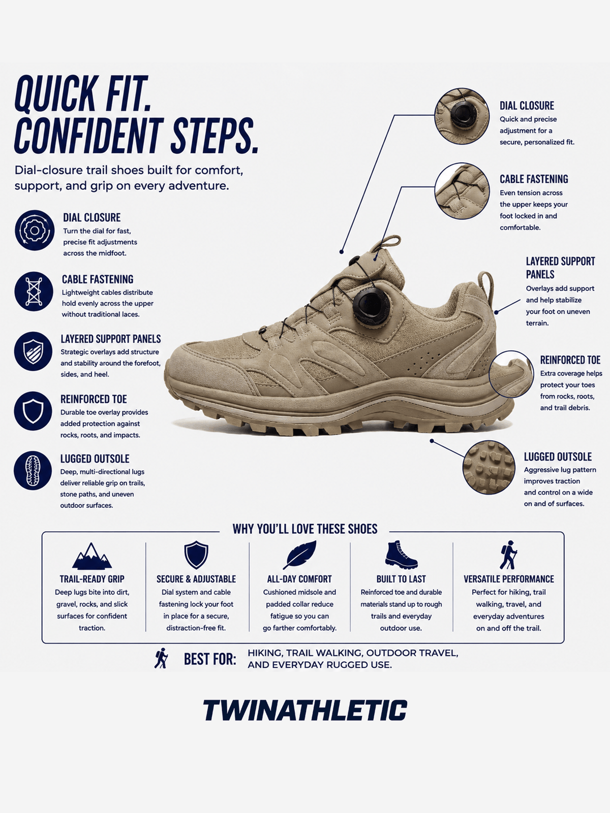 Dial-Closure Trail Shoes with Layered Support and Lugged Grip