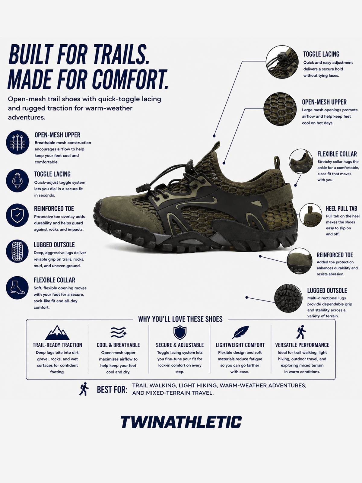 Open-Mesh Trail Shoes with Toggle Lacing and Rugged Tread