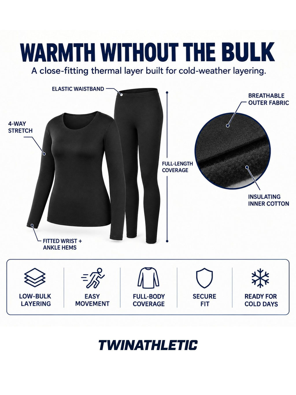 Women's Lightweight Thermal Base Layer Set with Four-Way Stretch