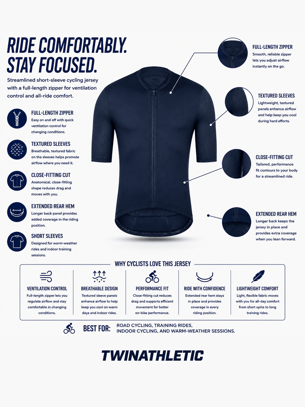 Short-Sleeve Cycling Jersey with Full-Length Front Zipper