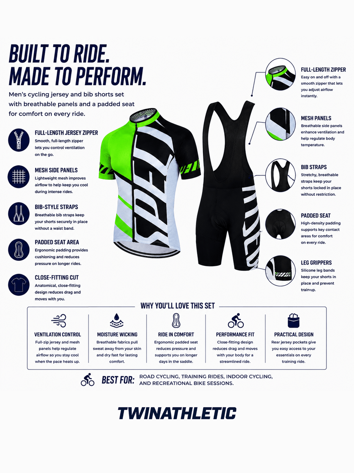 Men’s Cycling Jersey and Bib Shorts Set with Padded Seat