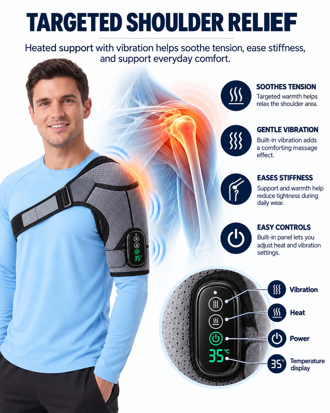 Rechargeable Heated Shoulder Support with Vibration