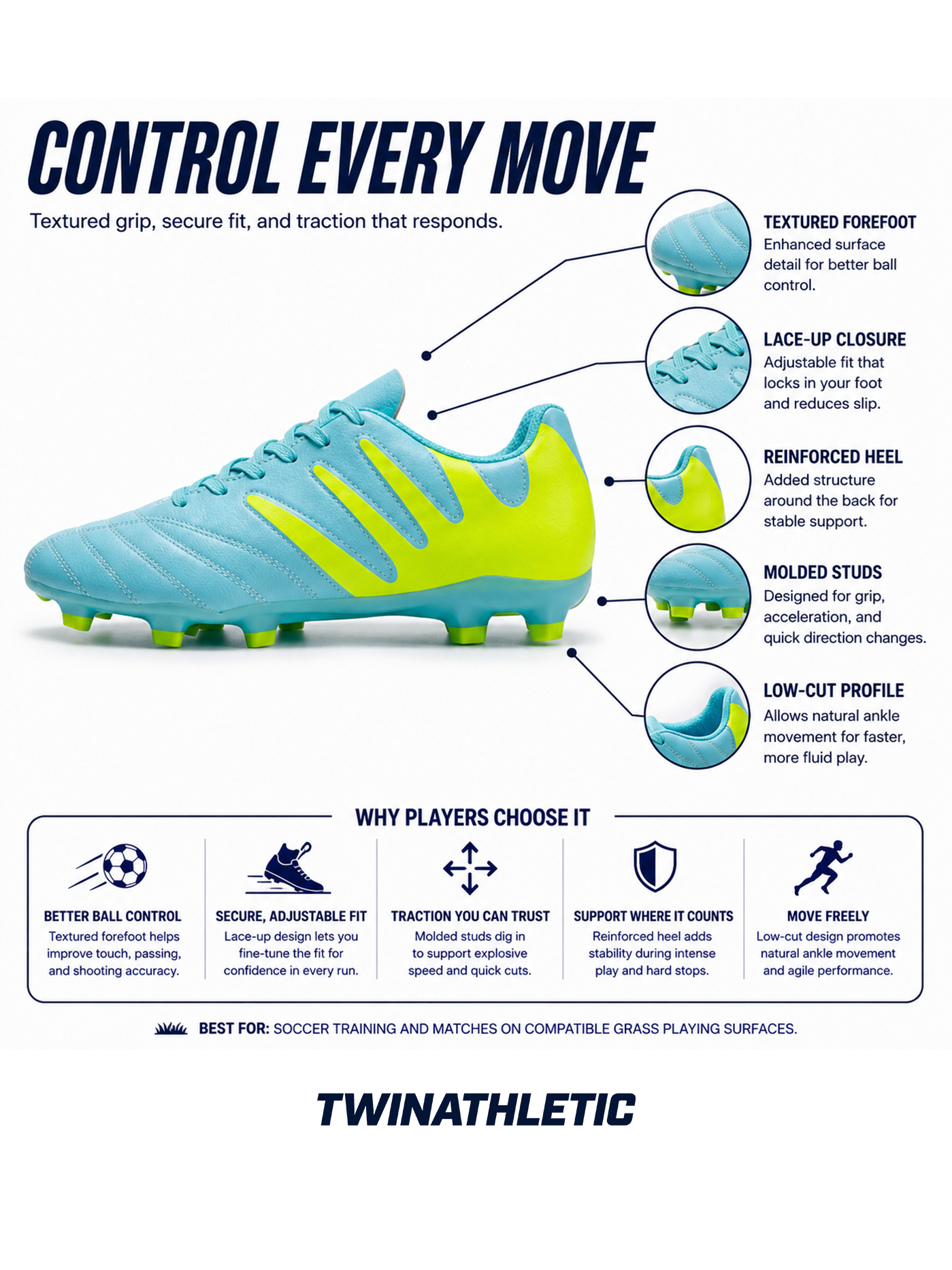 Soccer Cleats with Textured Upper and Molded Studs