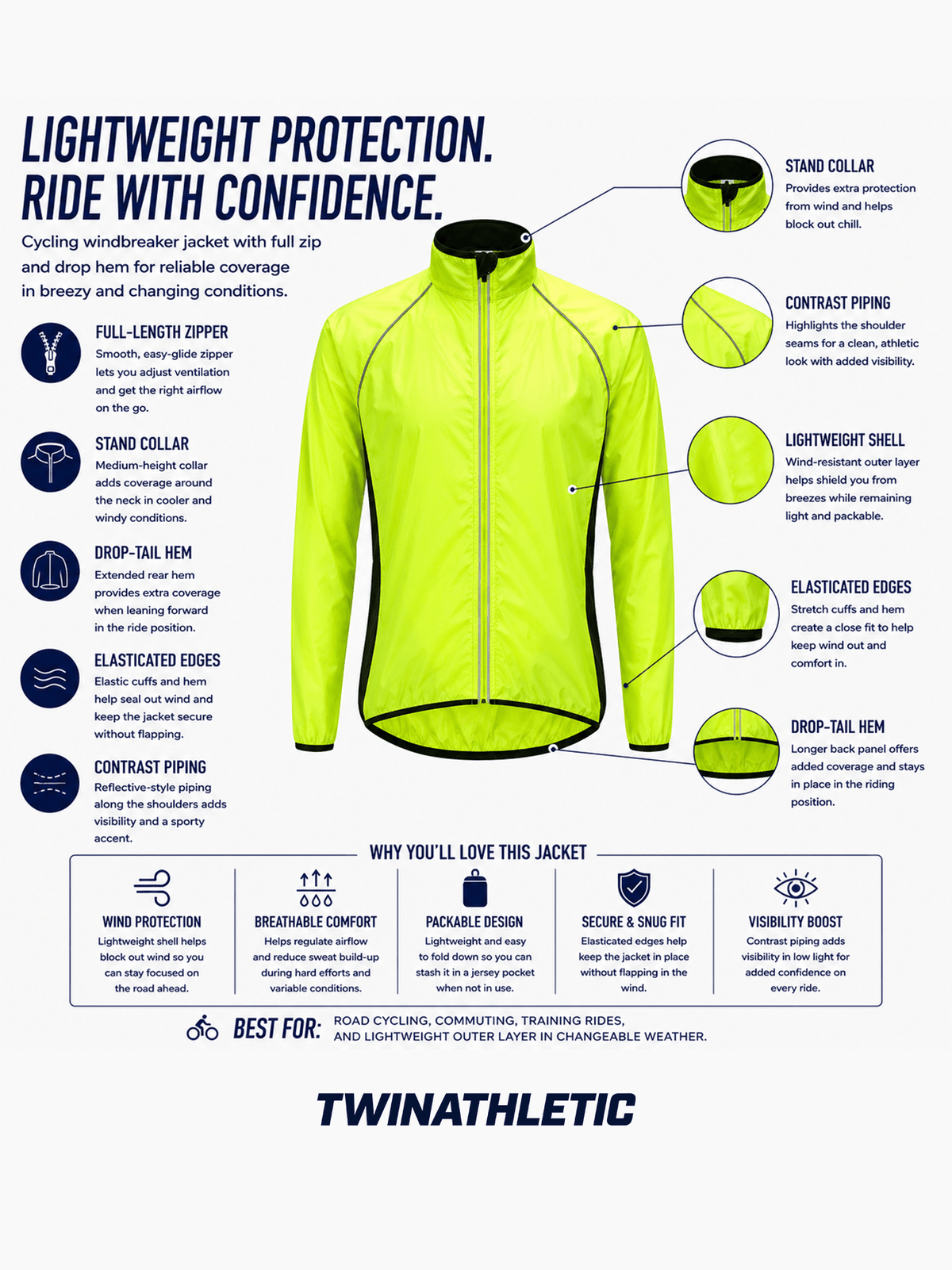 Cycling Windbreaker Jacket with Full Zip and Drop Hem