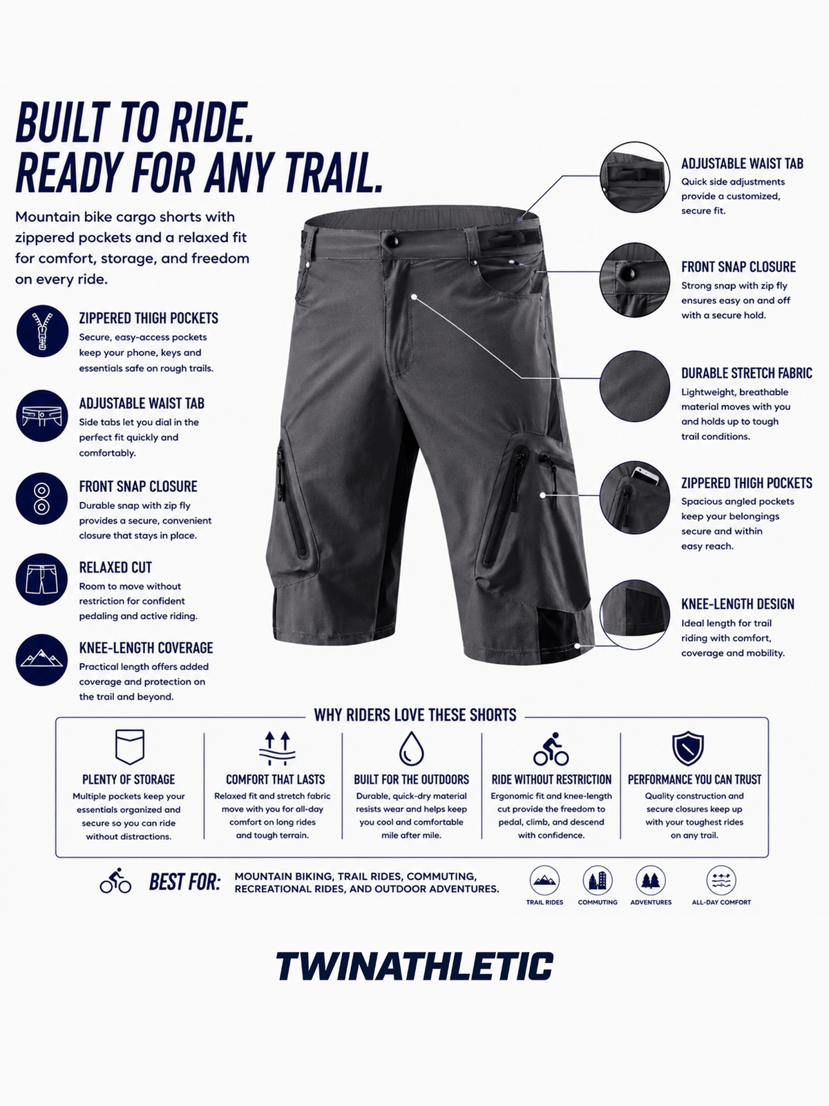 Mountain Bike Cargo Shorts with Multiple Zippered Pockets