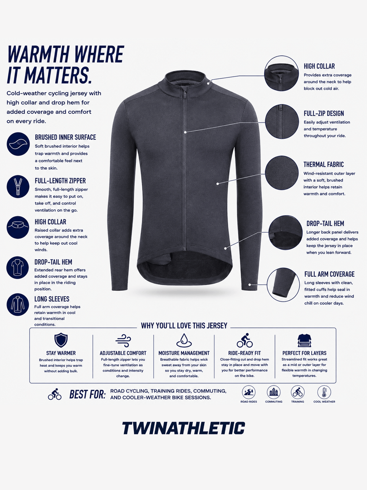 Cold-Weather Cycling Jersey with High Collar and Drop Hem