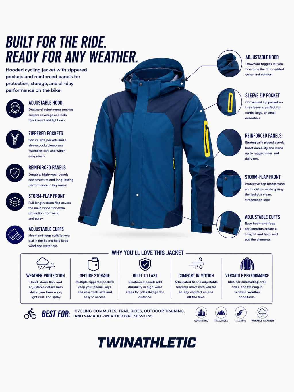Hooded Cycling Jacket with Zippered Pockets and Reinforced Panels