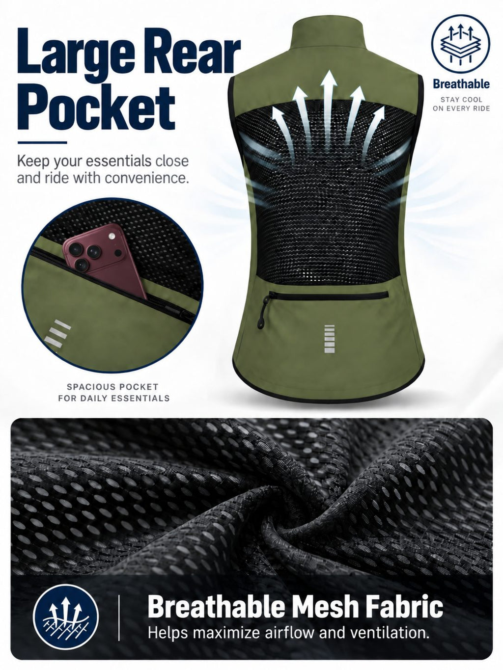 Women's Mesh-Back Cycling Wind Vest with Rear Pocket
