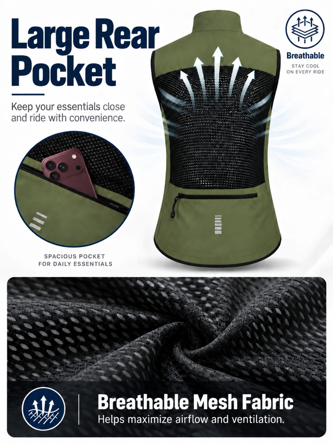 Women's Mesh-Back Cycling Wind Vest with Rear Pocket