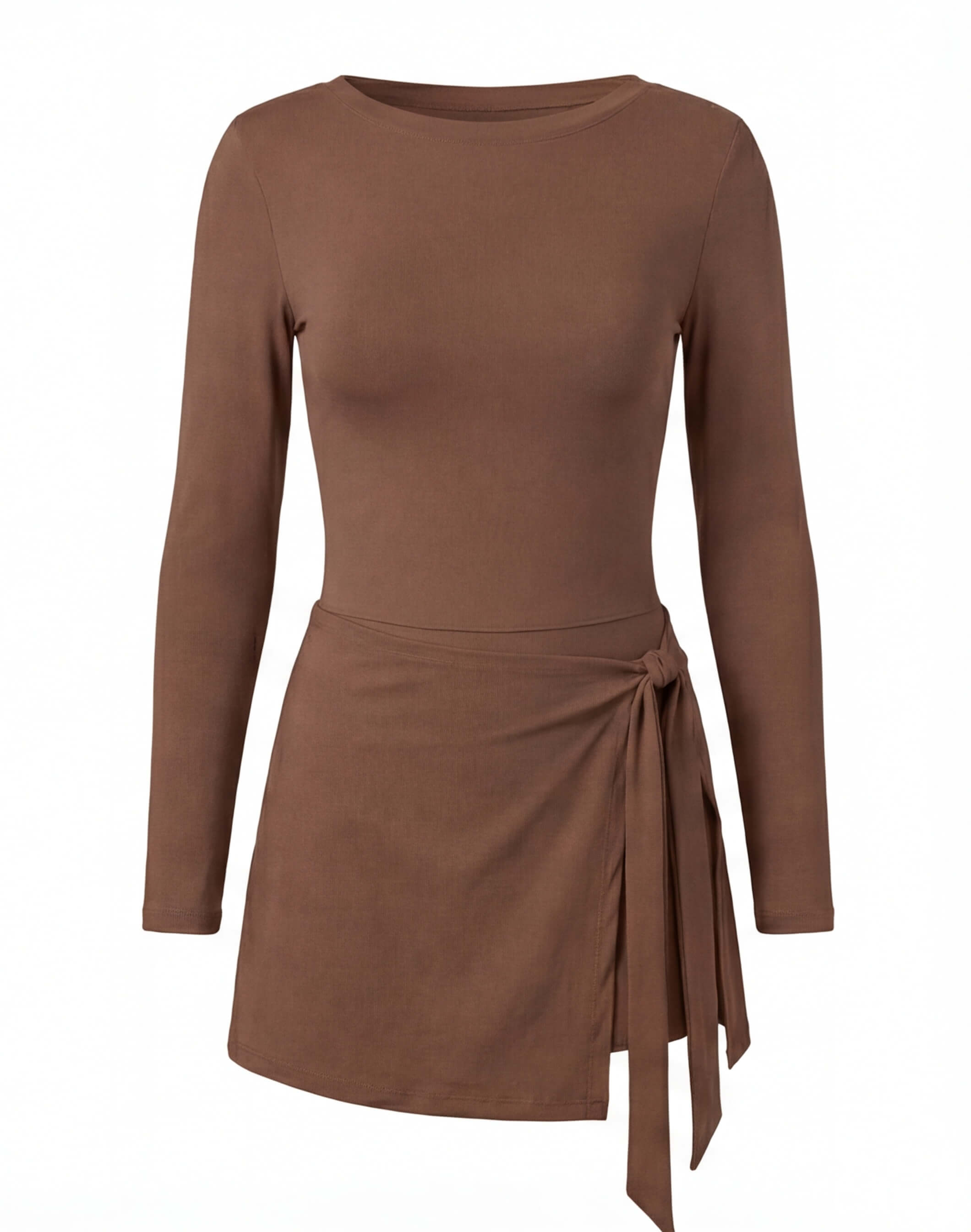 Women’s Long Sleeve Tennis Dress with Built-In Shorts, Brown / XS