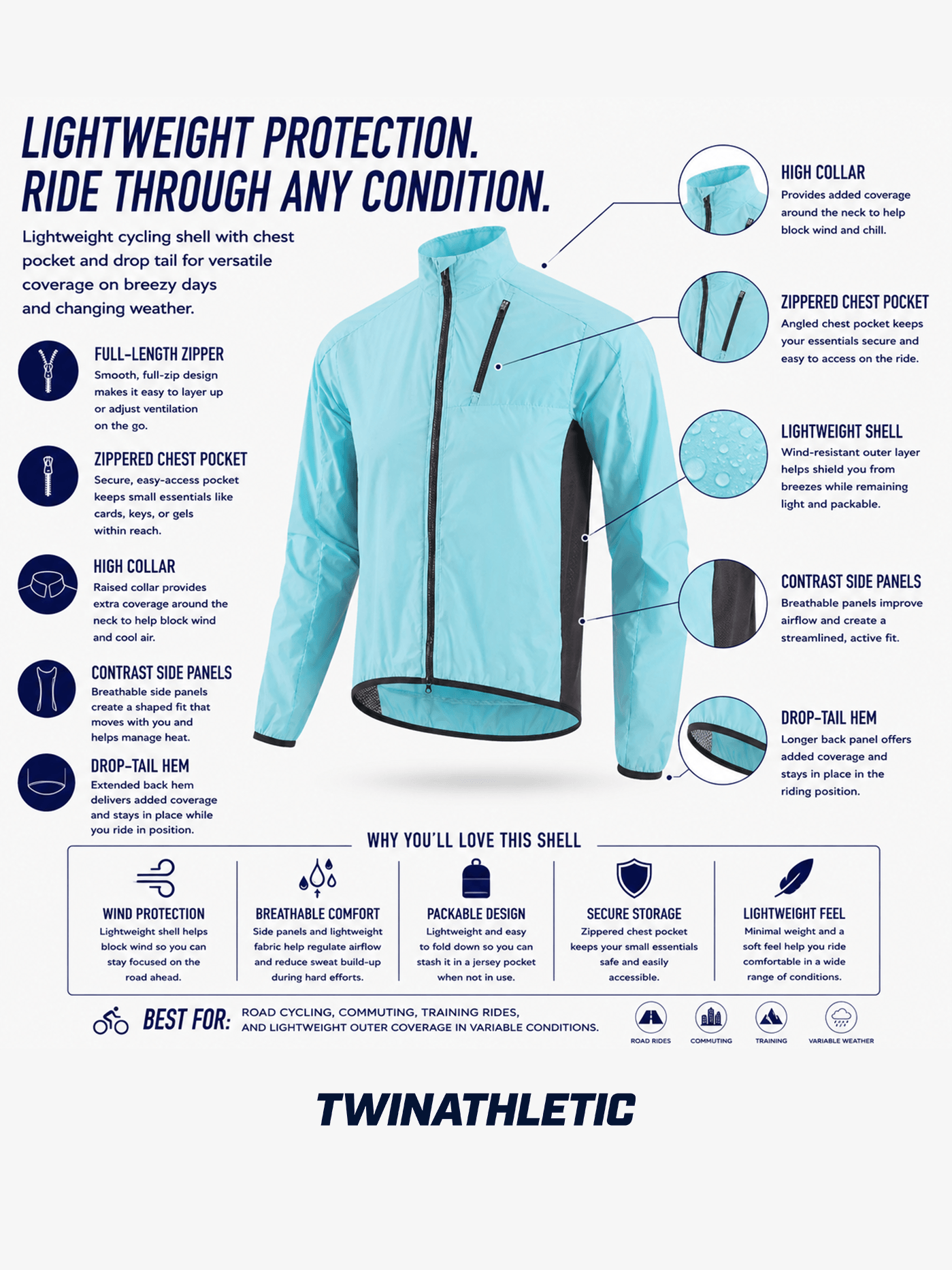 Lightweight Cycling Shell with Chest Pocket and Drop Tail