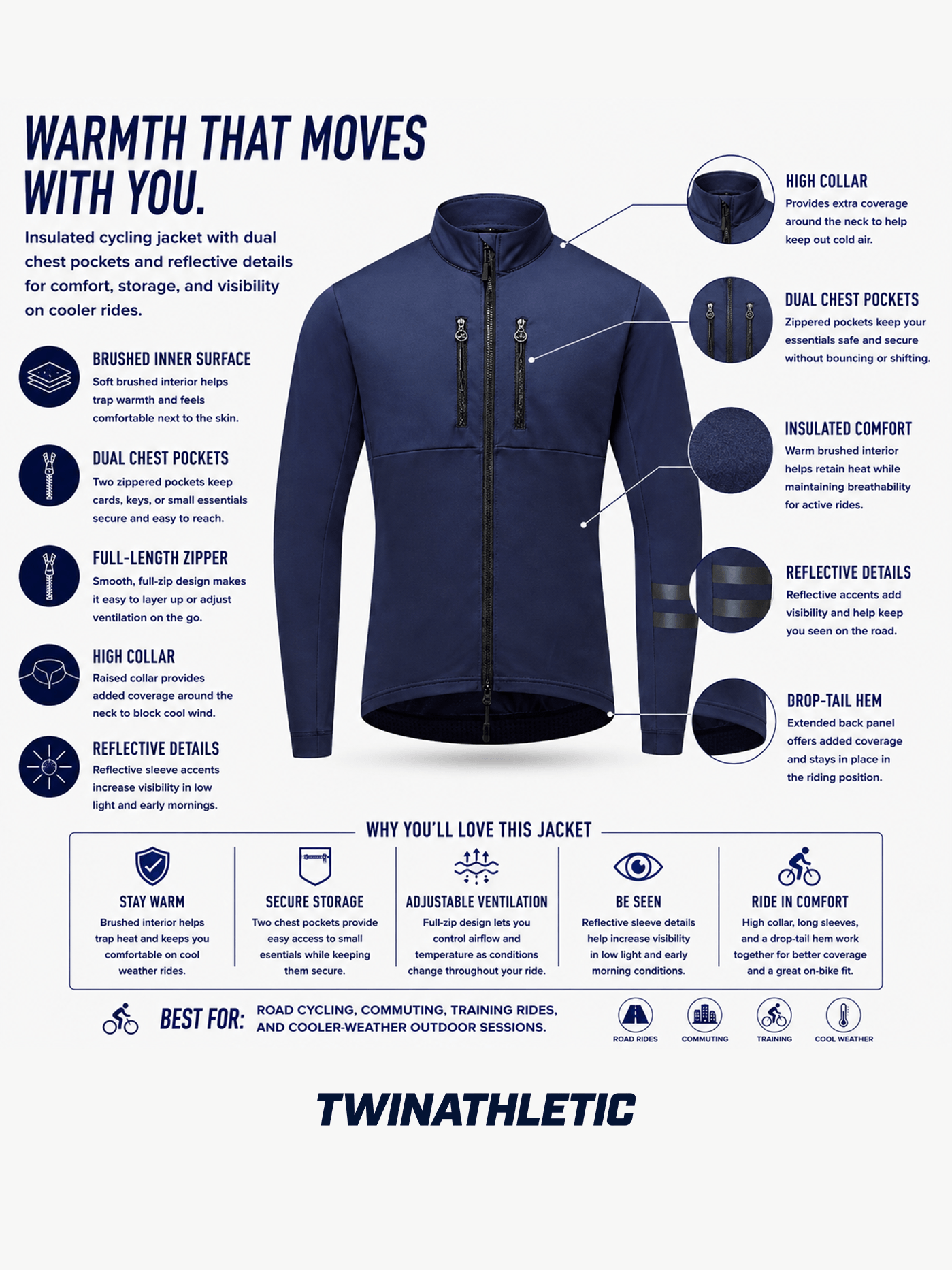 Insulated Cycling Jacket with Dual Chest Zipper Pockets