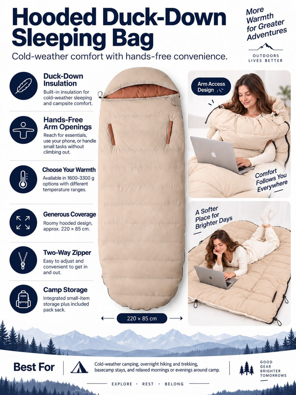 Duck-Down Cold-Weather Sleeping Bag with Arm Openings