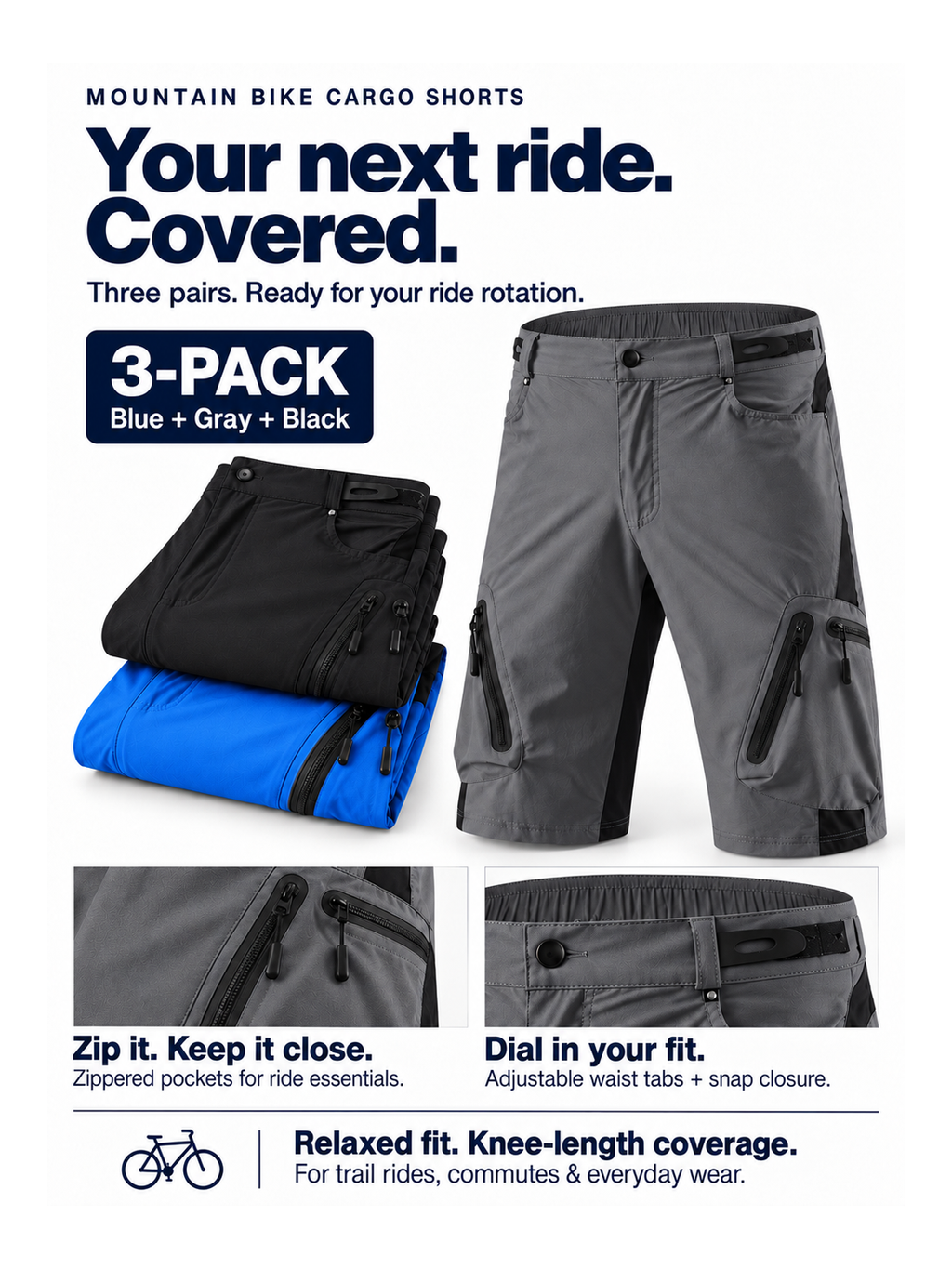 Mountain Bike Cargo Shorts with Zippered Pockets 3-Pack