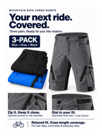 Mountain Bike Cargo Shorts with Zippered Pockets 3-Pack