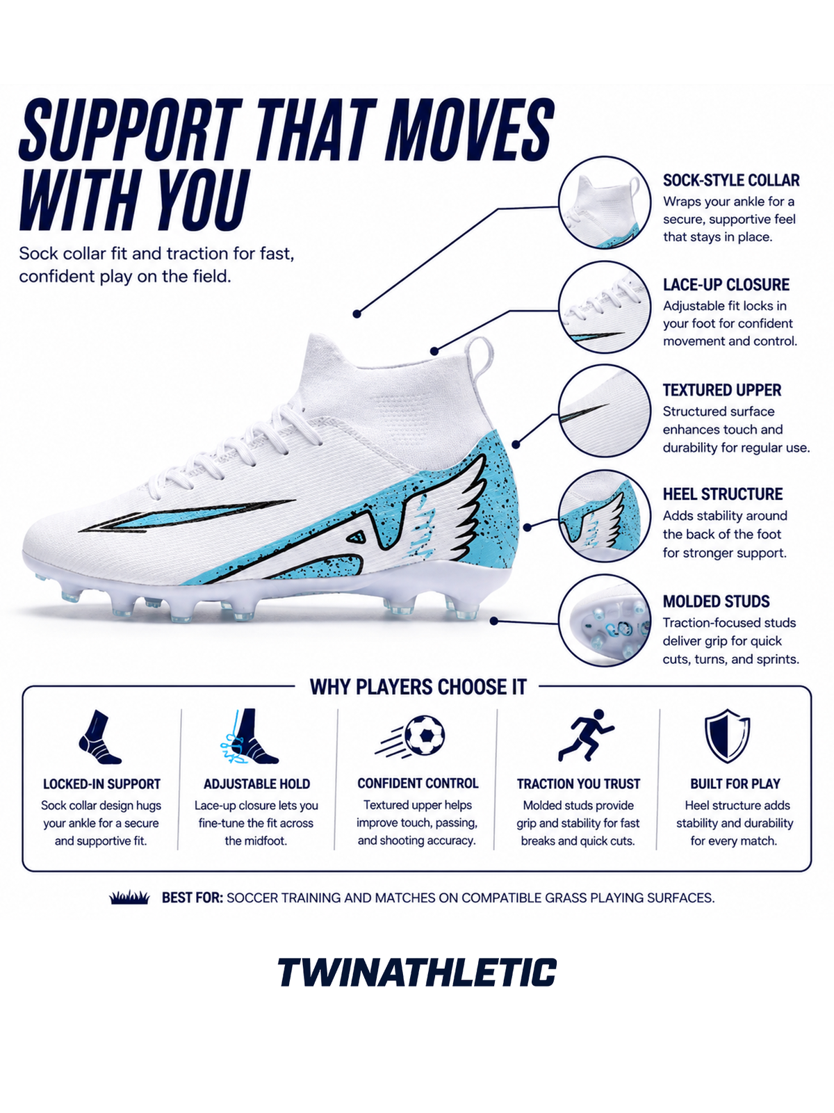 Soccer Cleats with Sock Collar and Molded Studs