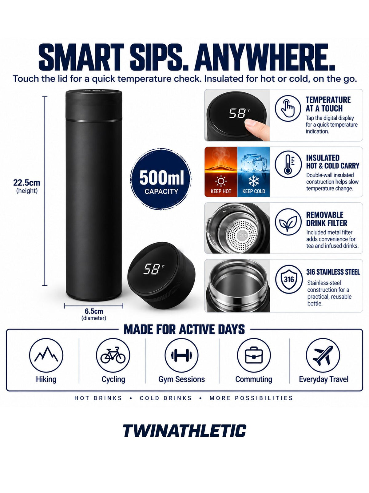 500ml Insulated Bottle with Digital Temperature Display