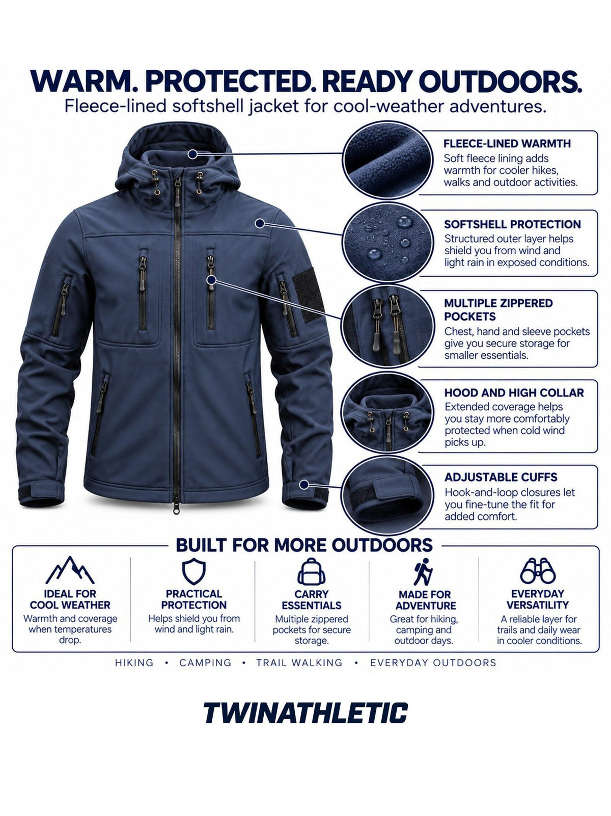 Men's Fleece-Lined Hooded Softshell Hiking Jacket