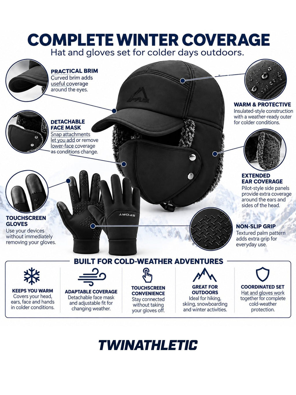Winter Pilot Hat, Face Mask & Touchscreen Gloves Set