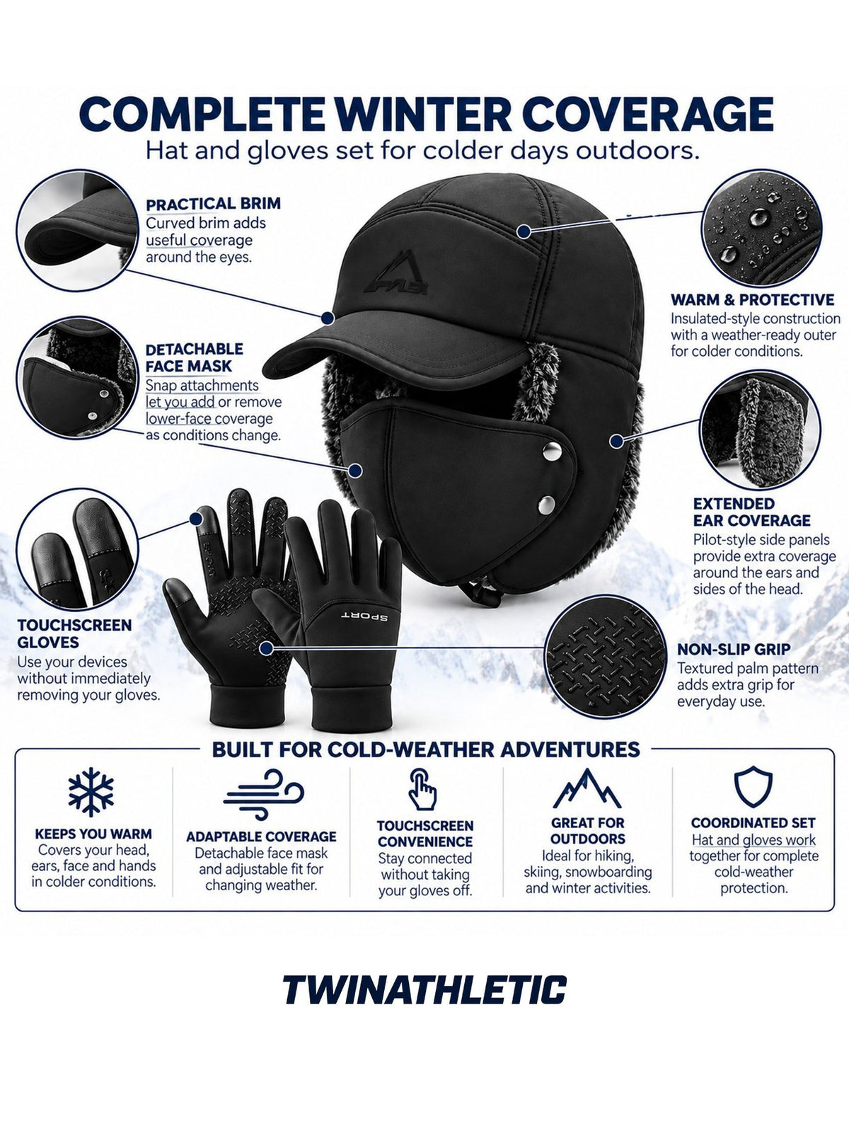Winter Pilot Hat, Face Mask & Touchscreen Gloves Set