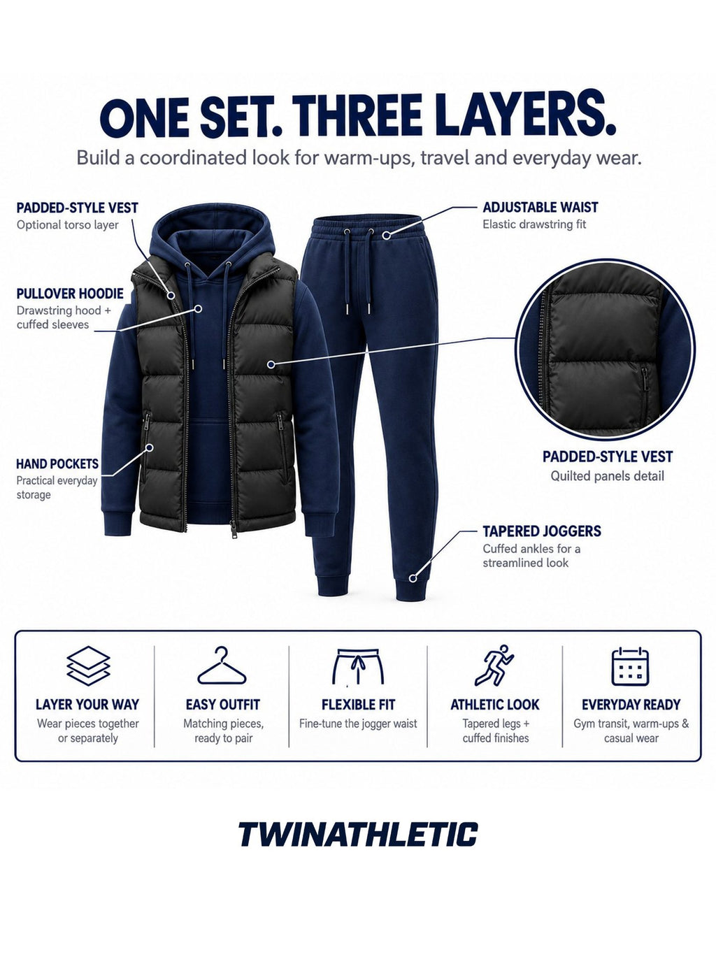 3-Piece Hoodie, Joggers & Puffer Vest Set