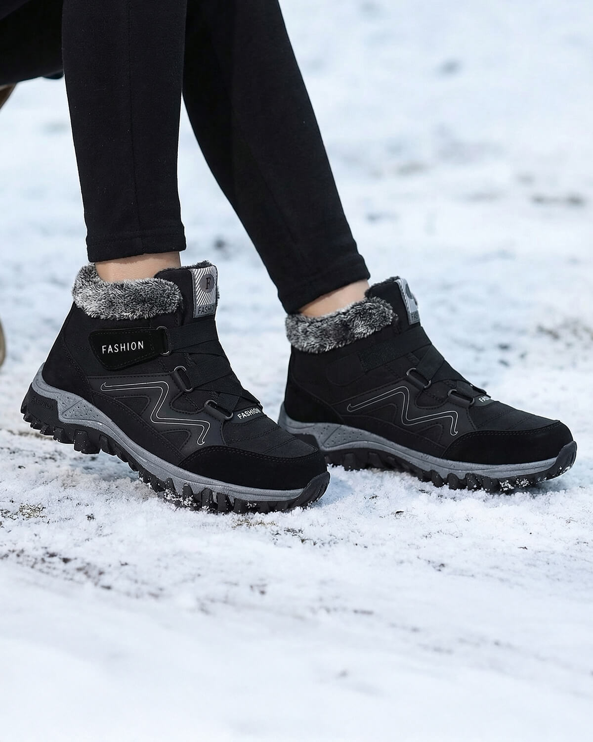 Fleece-Lined Winter Hiking Boots with Hook-and-Loop Straps