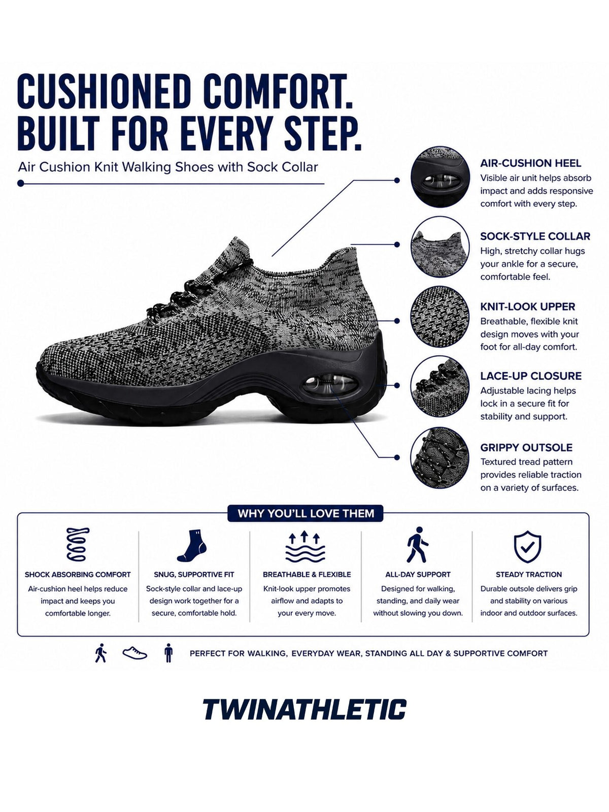 Air Cushion Knit Walking Shoes with Sock Collar