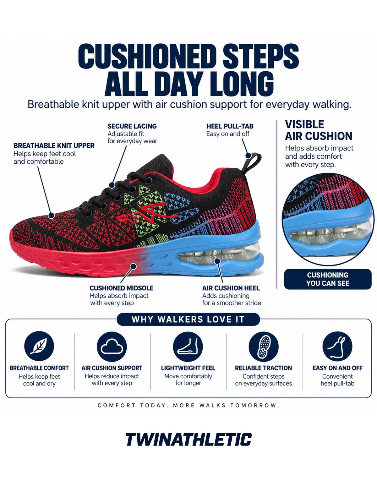 Air Cushion Knit Walking Sneakers with Heel Pull-Tab