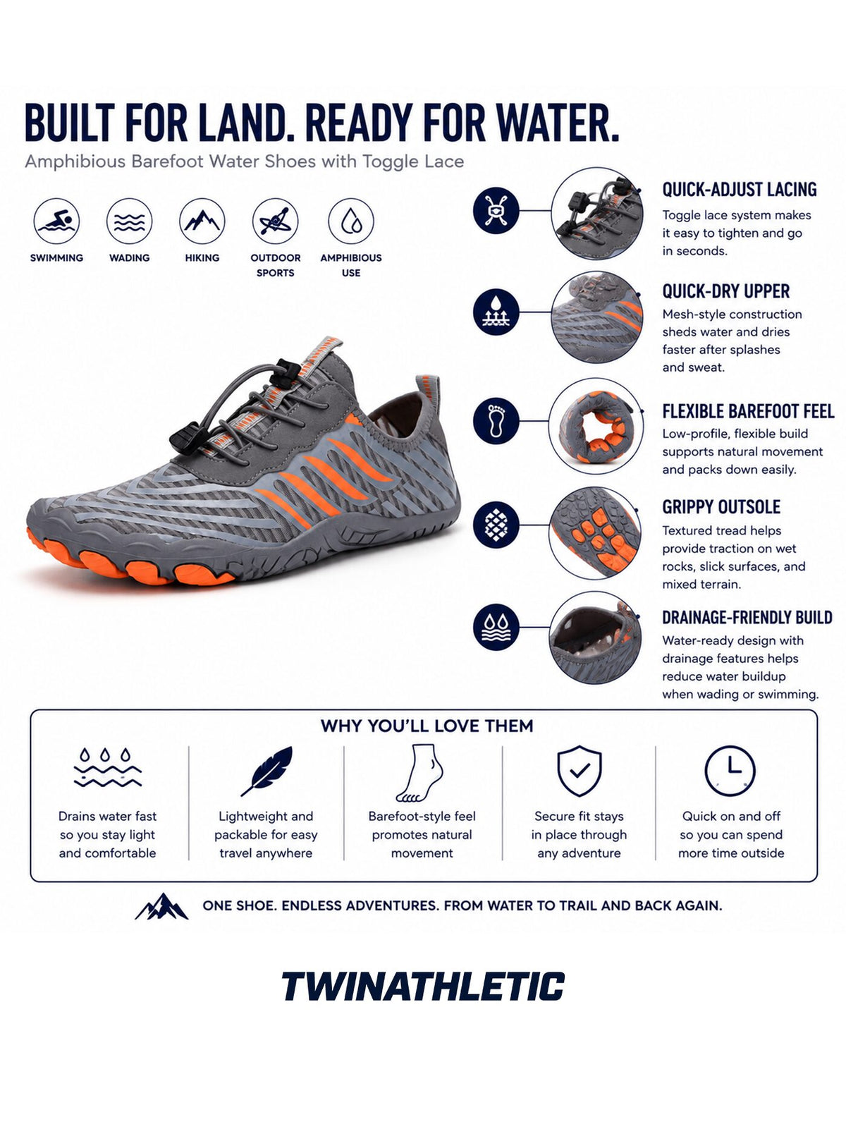 Amphibious Barefoot Water Shoes with Toggle Lace