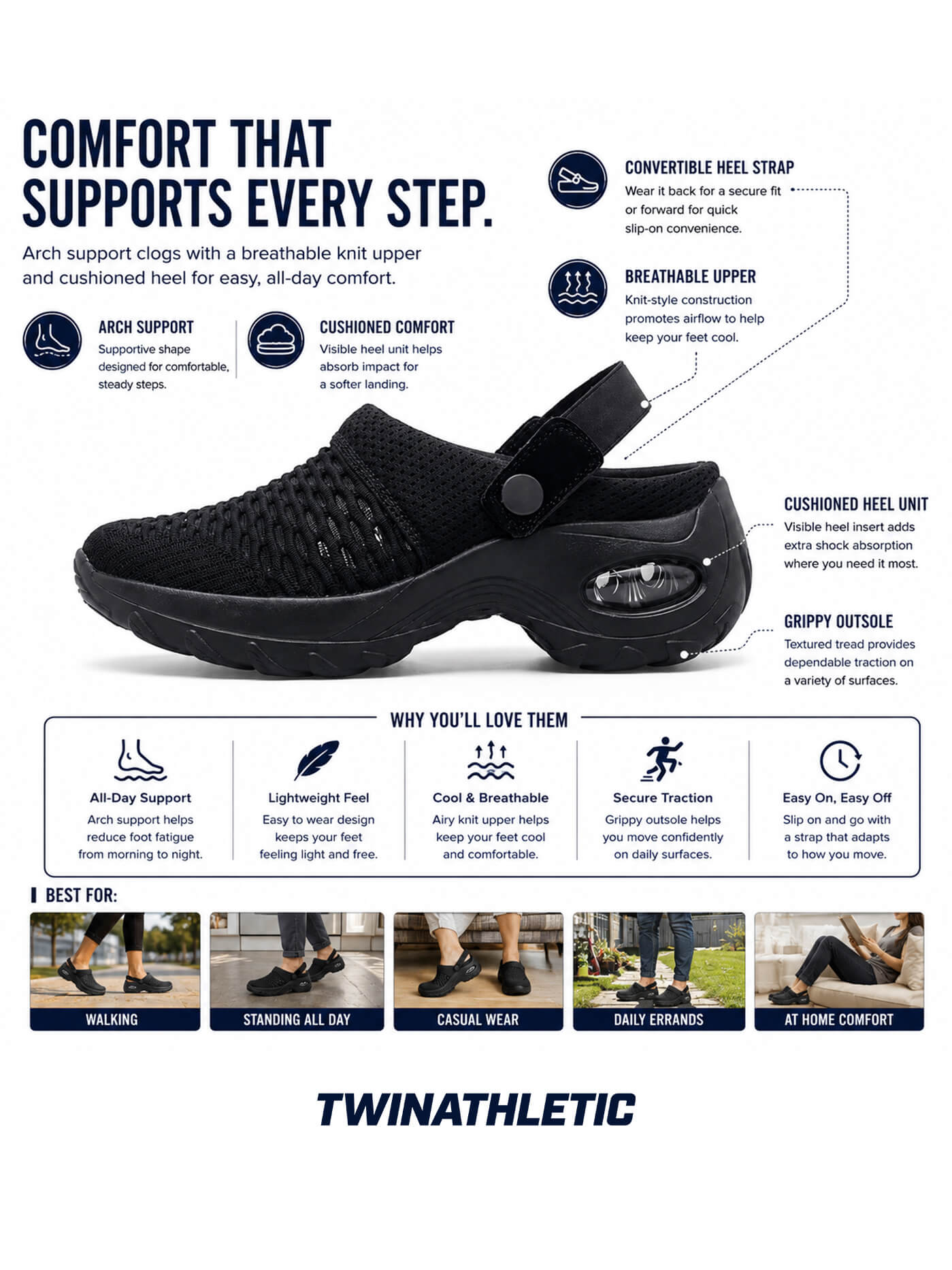 Arch Support Clog Shoes with Heel Strap
