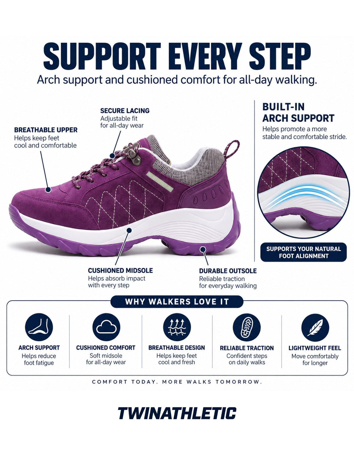 Arch Support Walking Sneakers with Cushioned Midsole
