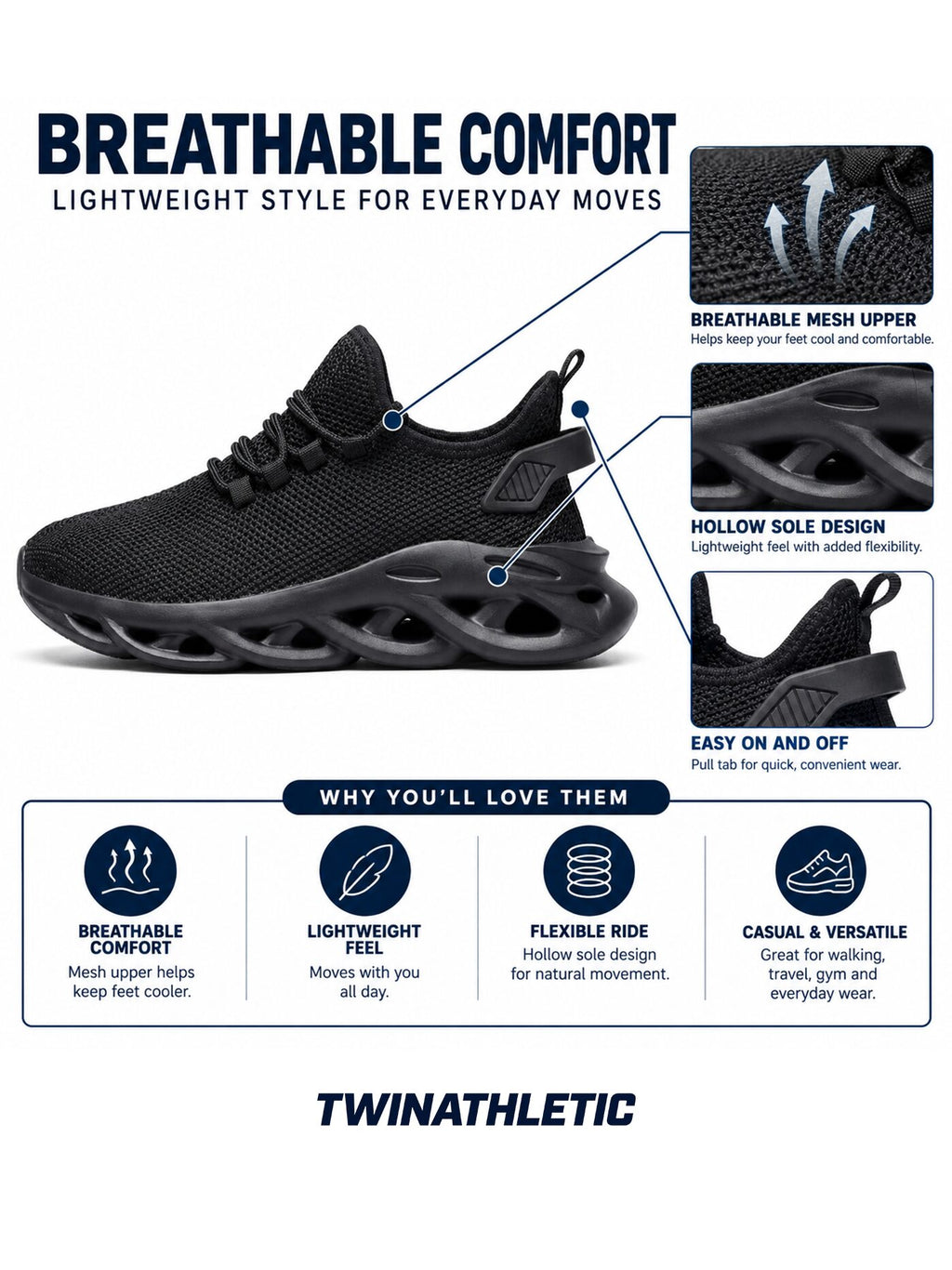 Breathable Mesh Casual Sport Sneakers with Hollow Sole