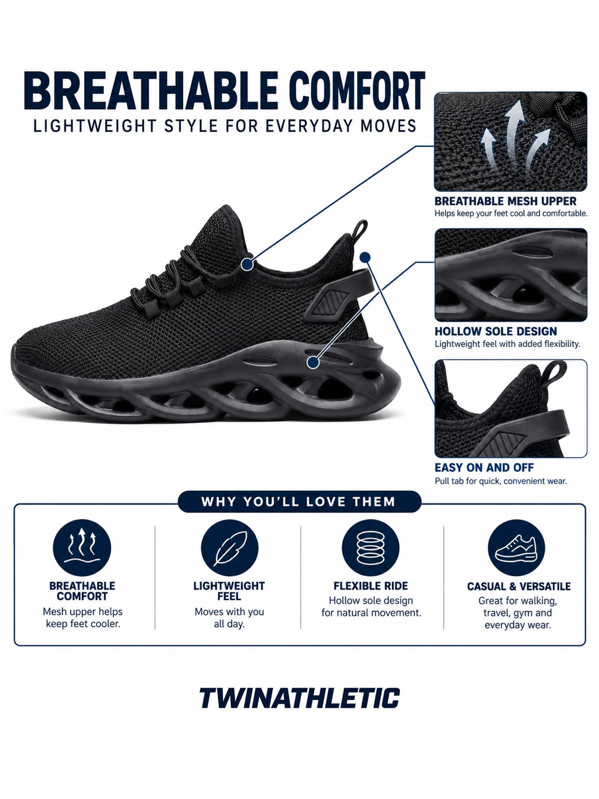 Breathable Mesh Casual Sport Sneakers with Hollow Sole