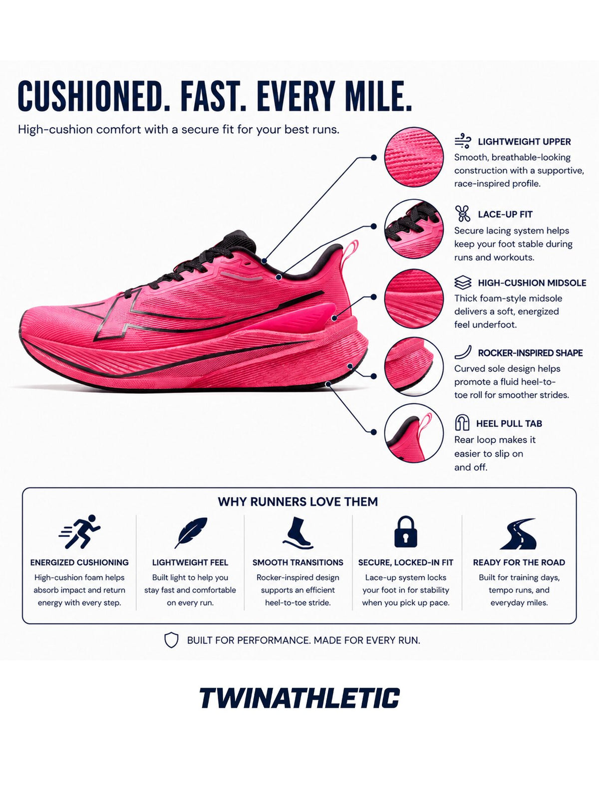 Cushioned Lace-Up Performance Running Shoes