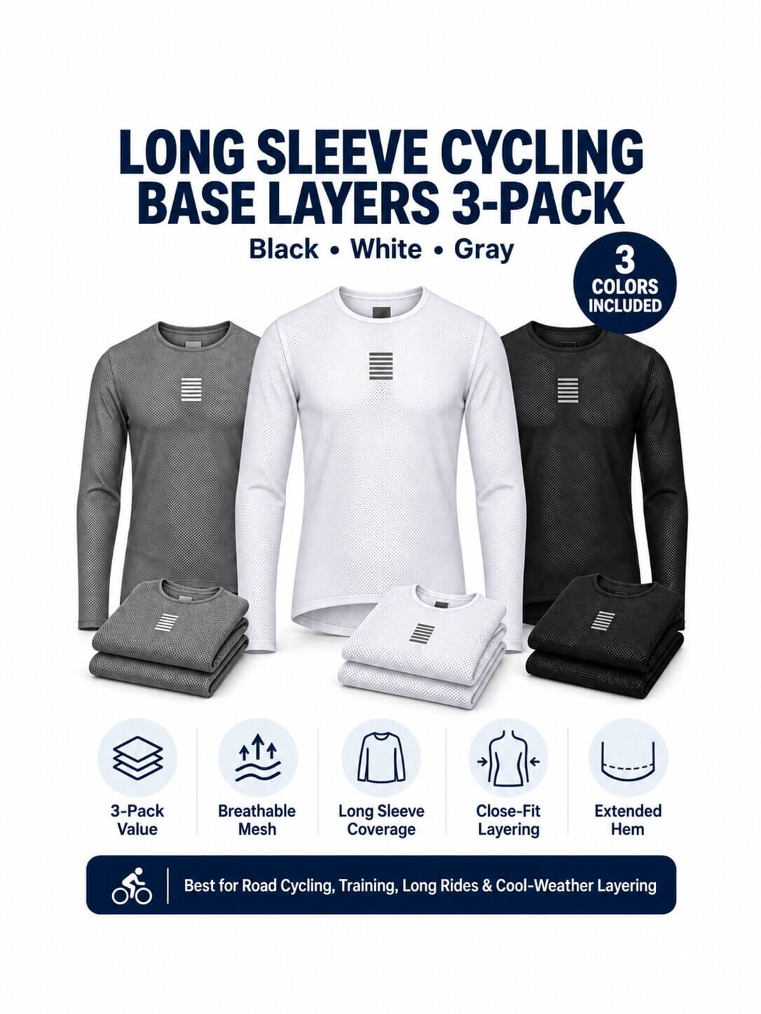 Long Sleeve Cycling Base Layers - 3-Pack