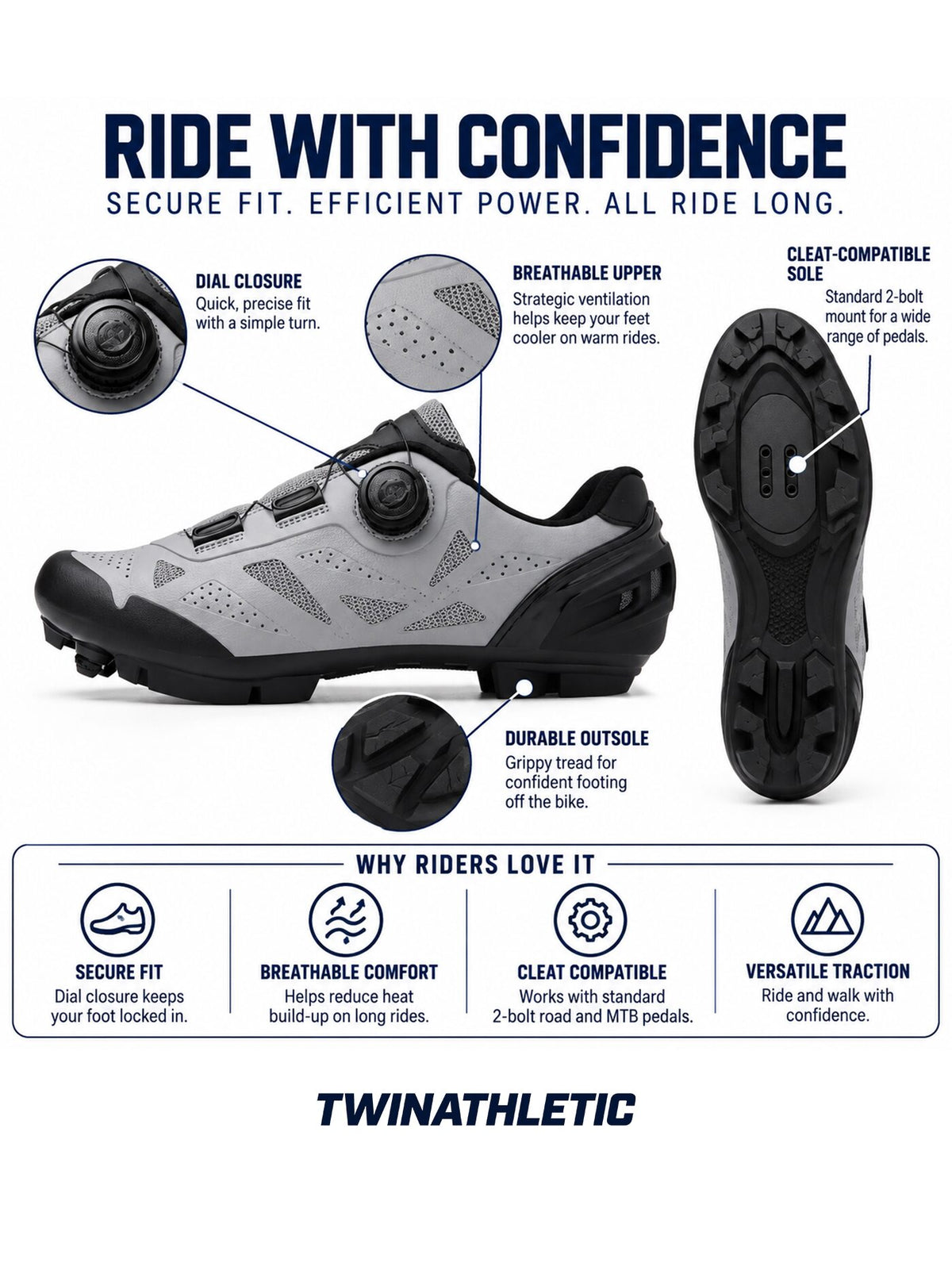 Cycling Shoes with Dial Closure and Cleat-Compatible Sole