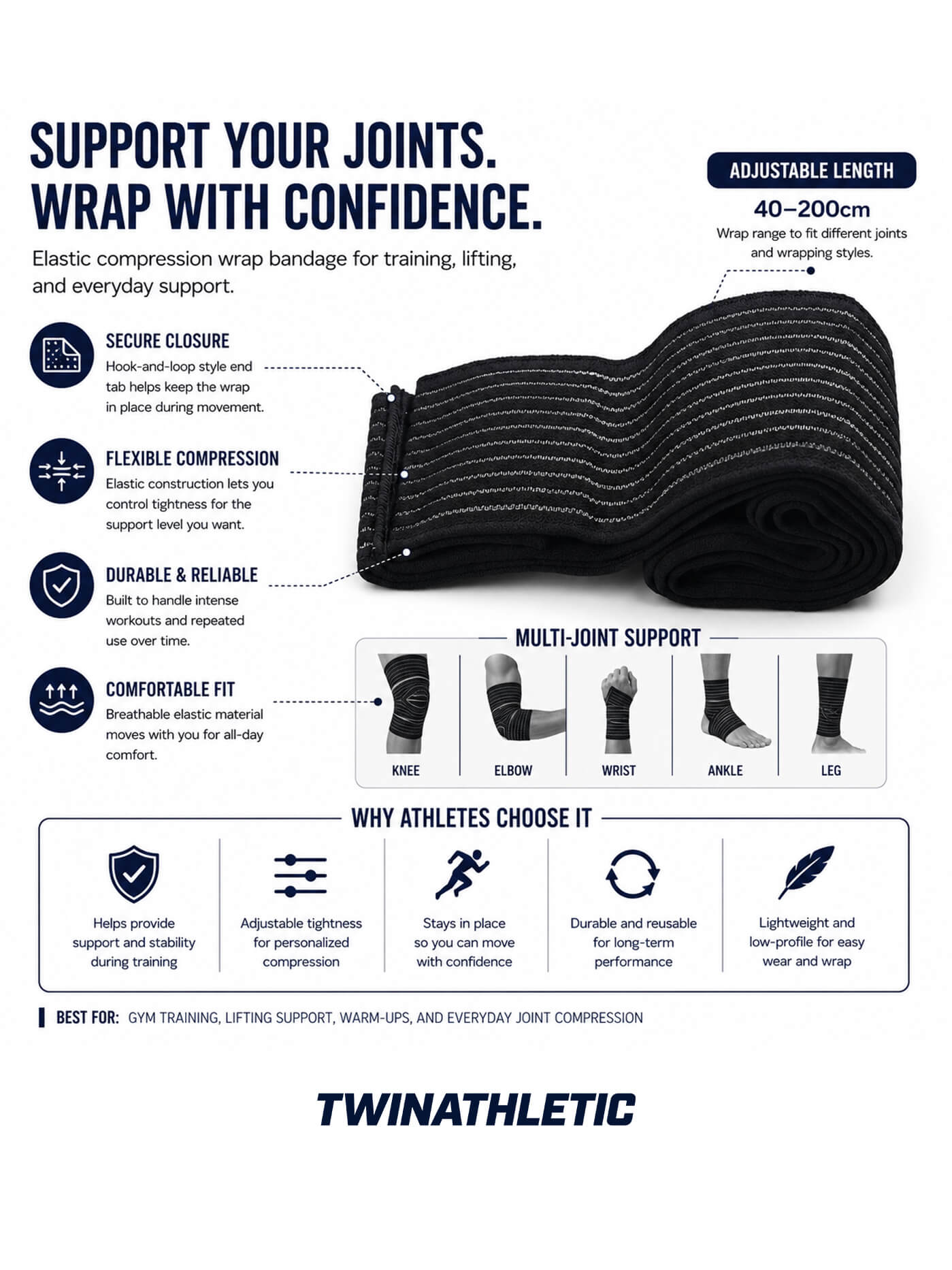 Elastic Compression Wrap Bandage 40–200cm for Joints