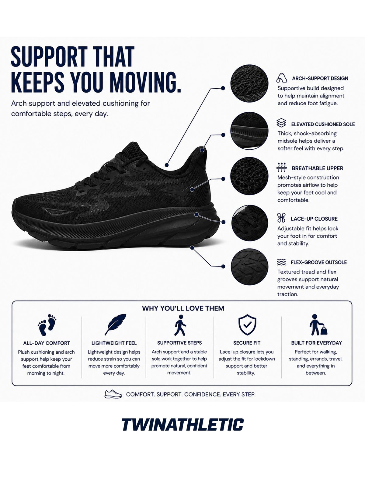 Elevated Arch Support Walking Sneakers with Cushioning