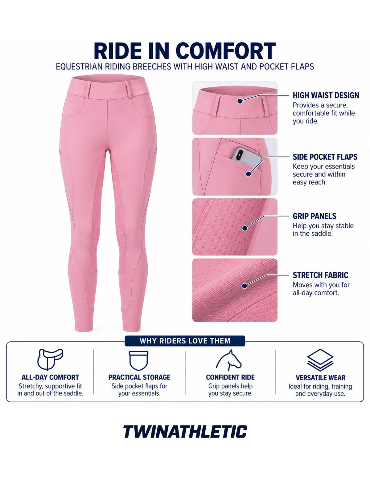 Equestrian Riding Breeches with High Waist and Pocket Flaps