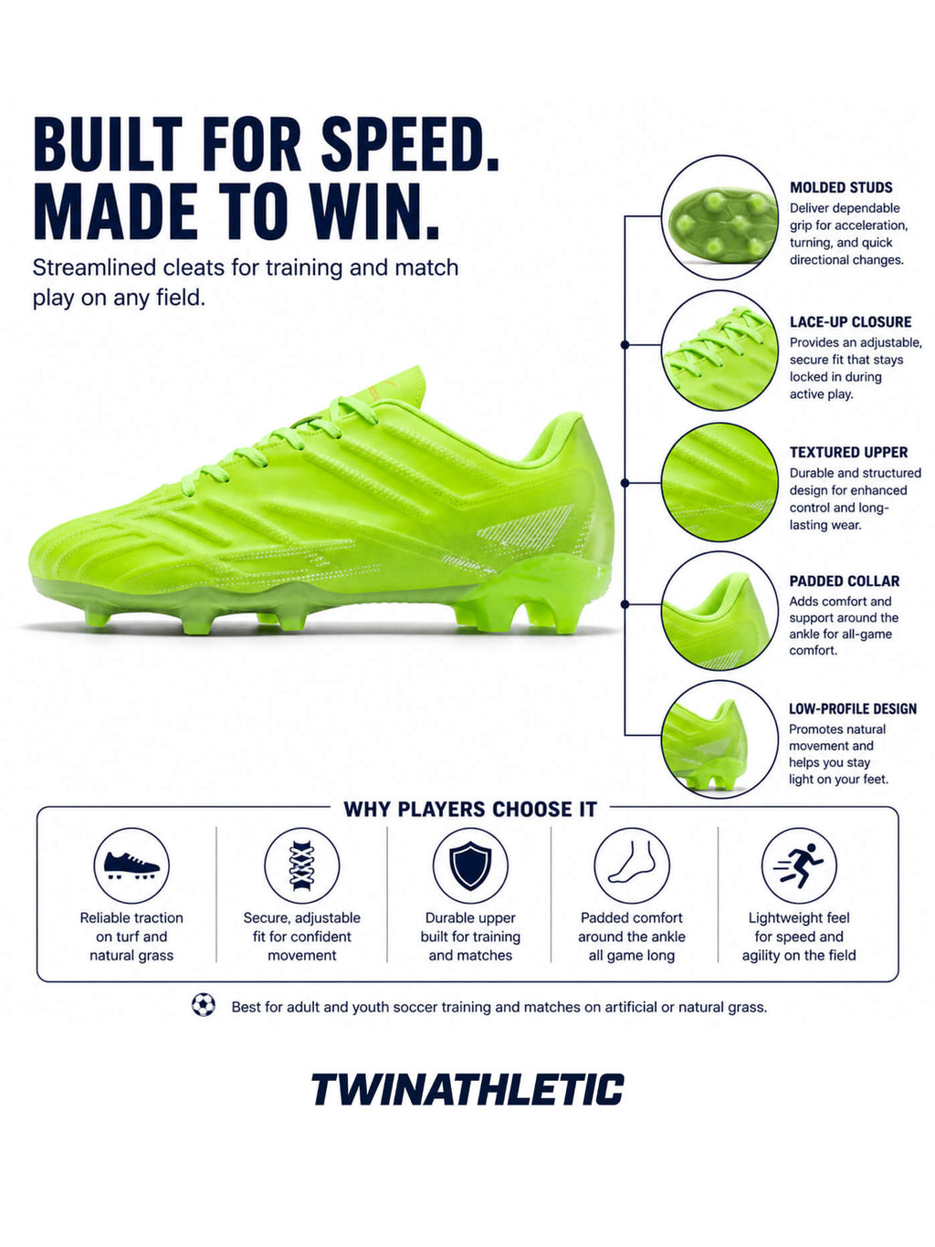 Adult and Youth Soccer Cleats with Molded Studs