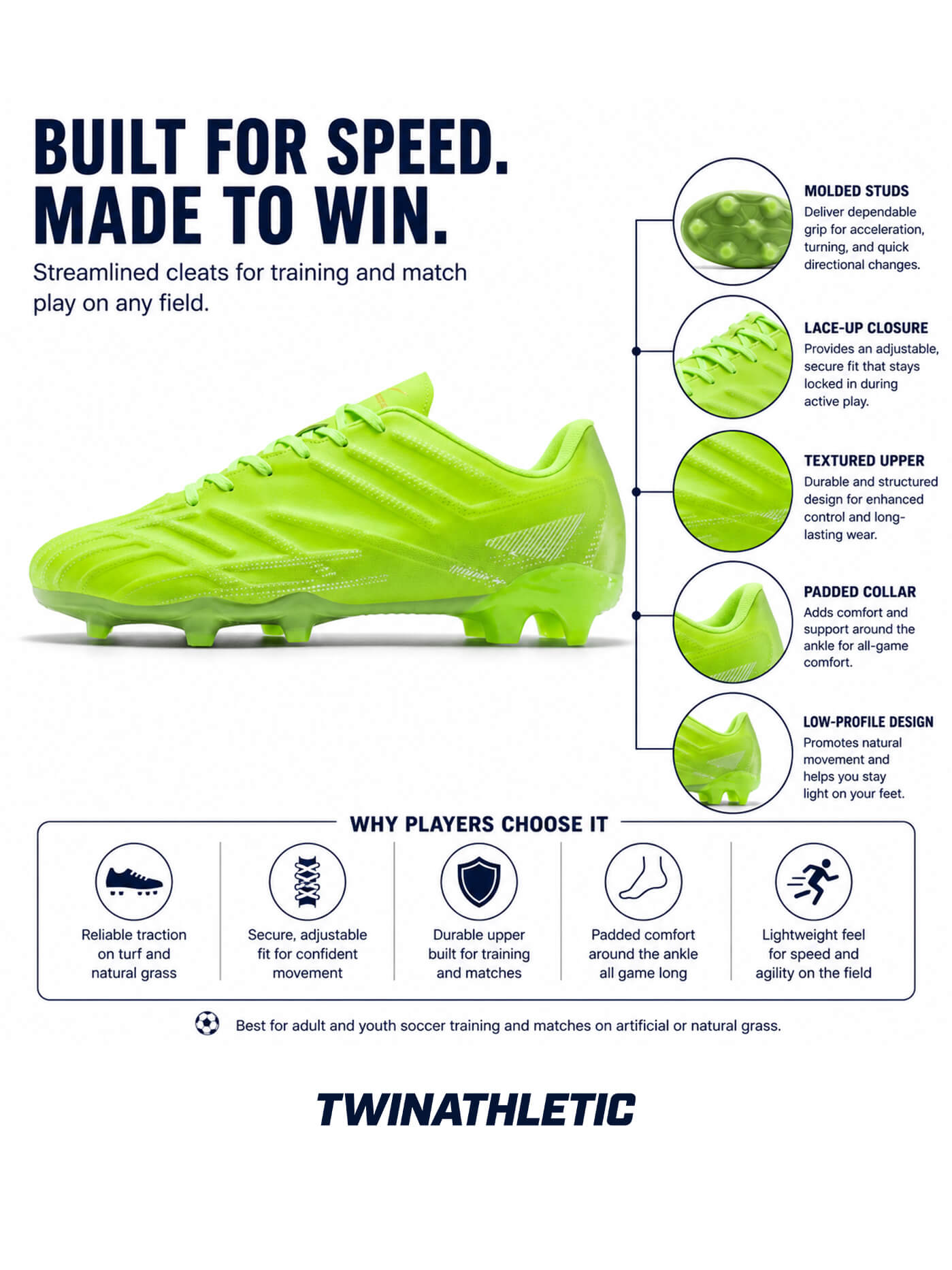 Adult and Youth Soccer Cleats with Molded Studs