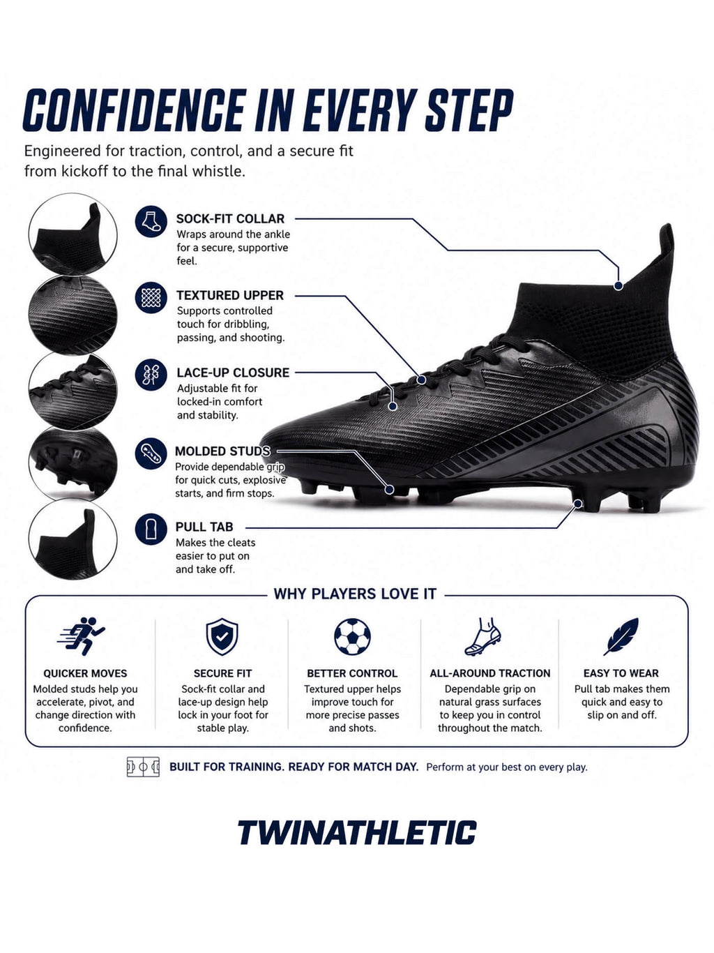 Soccer Cleats with Sock-Fit Collar and Molded Studs