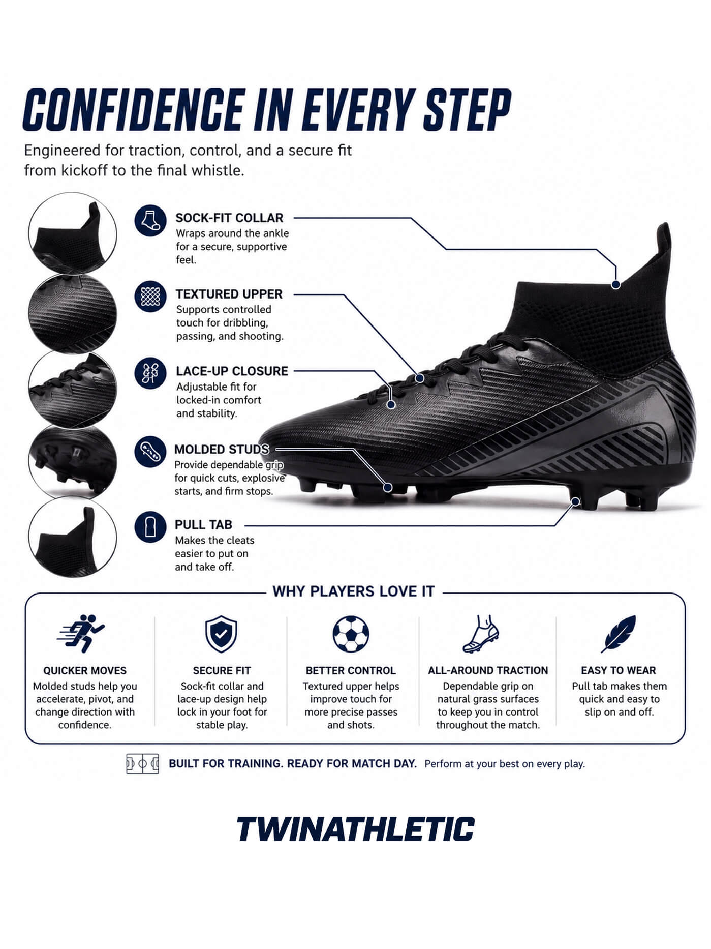 Soccer Cleats with Sock-Fit Collar and Molded Studs