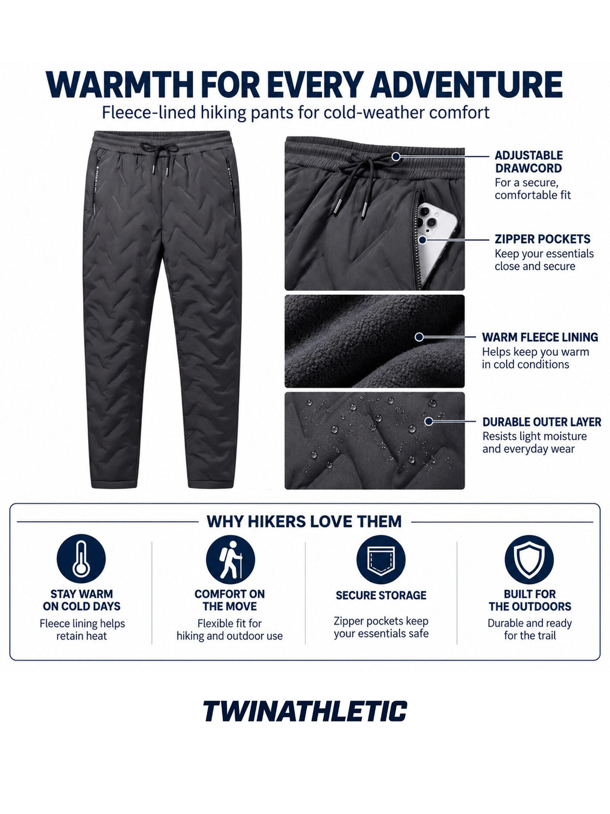 Fleece-Lined Hiking Pants with Zipper Pocket and Drawcord