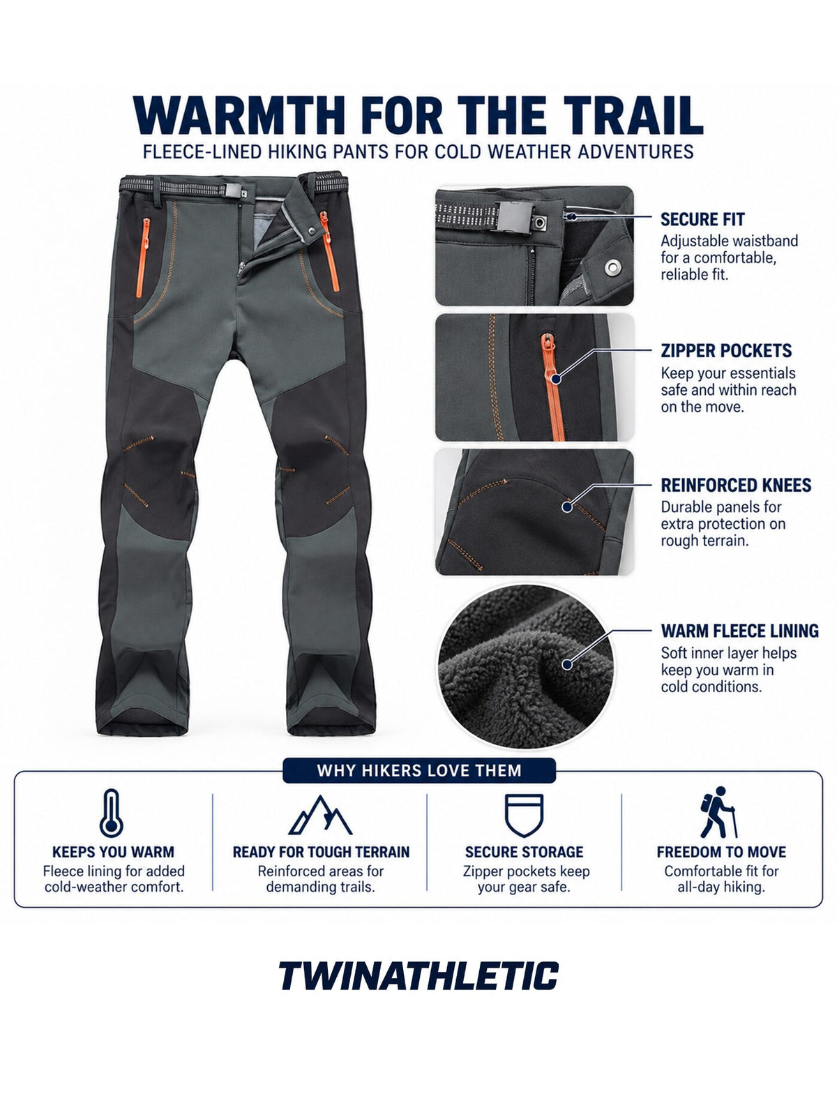 Fleece-Lined Hiking Pants with Zipper Pockets