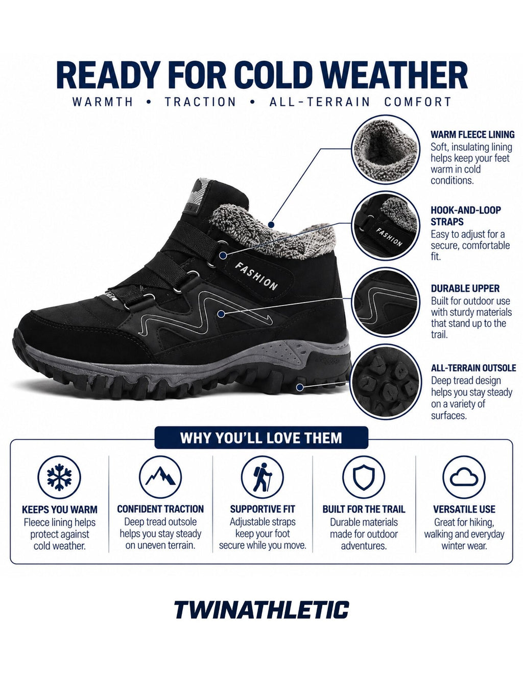 Fleece-Lined Winter Hiking Boots with Hook-and-Loop Straps