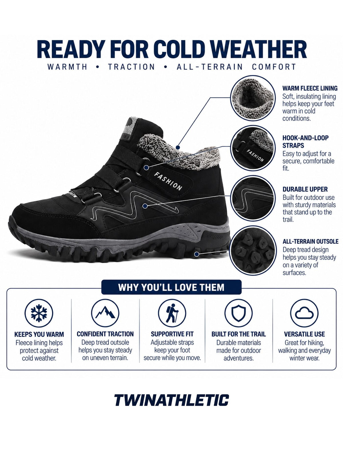 Fleece-Lined Winter Hiking Boots with Hook-and-Loop Straps