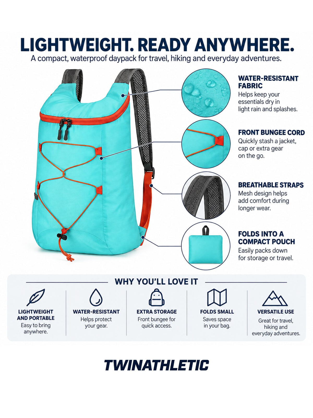 Folding Waterproof Daypack Backpack with Front Bungee Cord