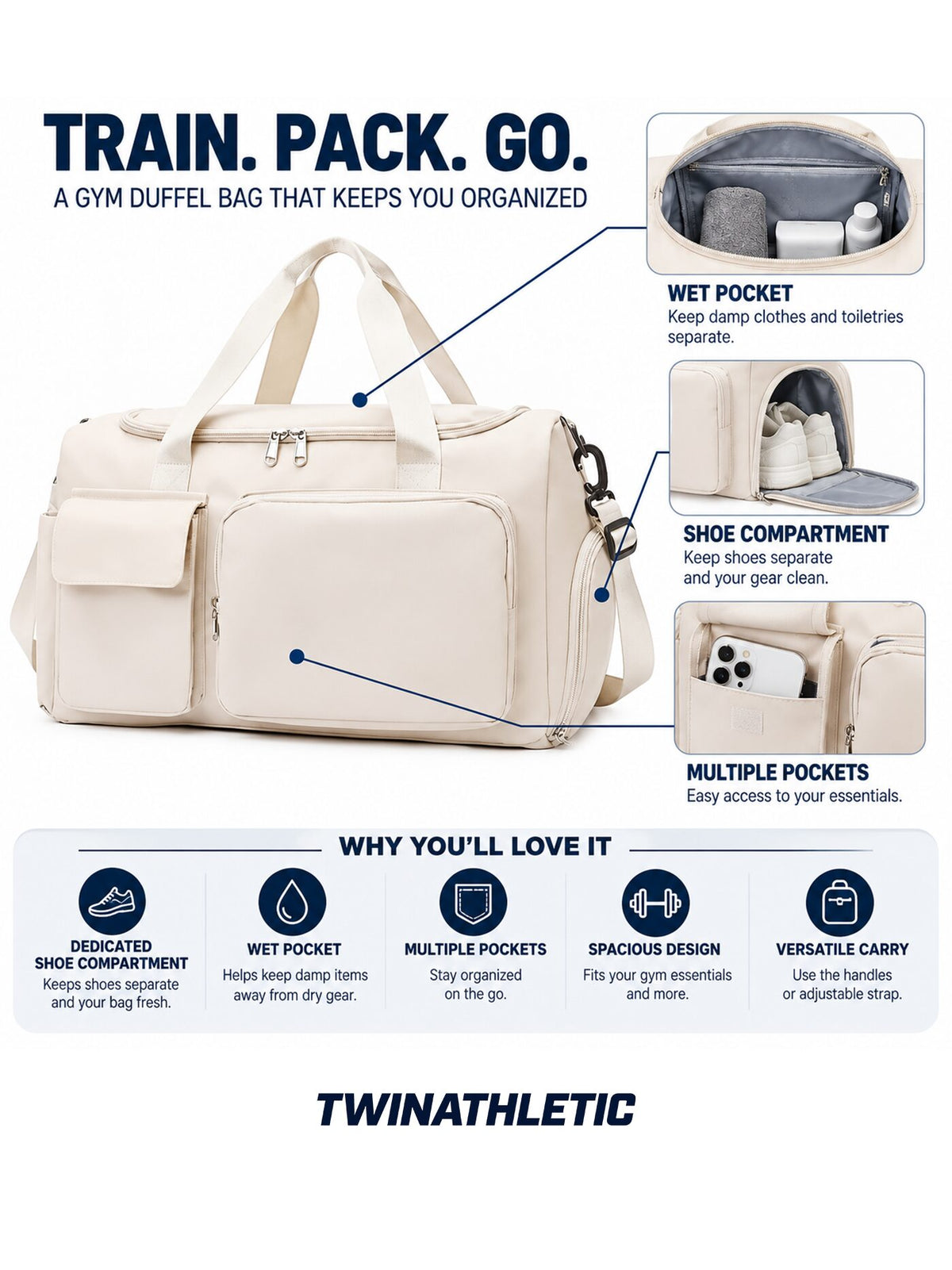 Gym Duffel Bag with Shoe Compartment and Wet Pocket